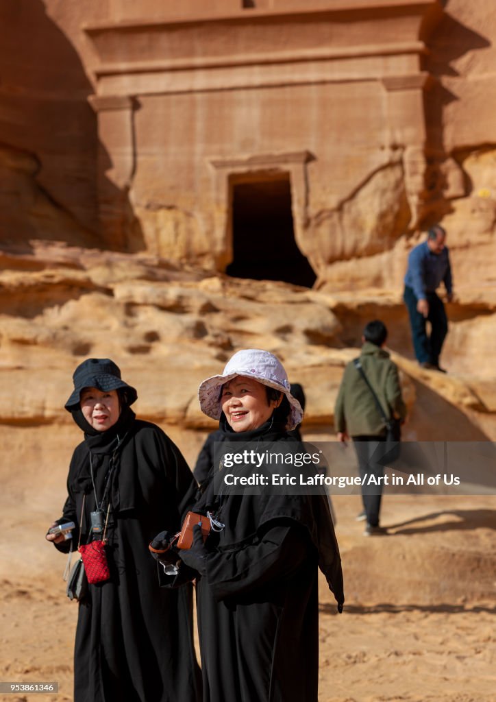 Tourists in madain saleh archaeologic site, Al Madinah Province, Al-Ula, Saudi Arabia...