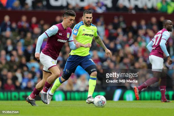 Aston Villa v Derby County - Sky Bet Championship"nBIRMINGHAM, ENGLAND Bradley Johnson, of Derby County closes down Aston Villa's, Jack Grealish.