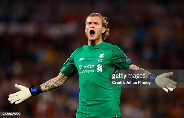 Loris Karius of Liverpool celebrates after his side score their first goal during the UEFA Champions League Semi Final Second Leg match between A.S....