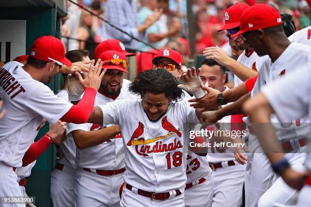 Carlos Martinez of the St. Louis Cardinals celebrates with teammates after hitting a solo home run during the sixth inning against the Chicago White...