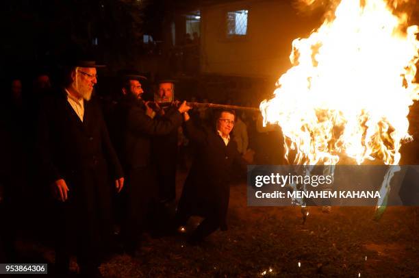 Ultra-Orthodox Jews hold a burning stick to light a bonfire in Jerusalem's ultra-Orthodox Mea Shearim neighbourhood on May 2 during celebrations for...