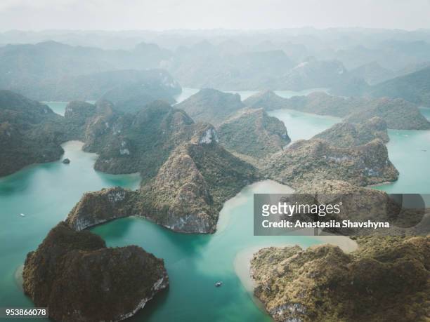 aerial view of ha long bay in vietnam - halong bay stock pictures, royalty-free photos & images