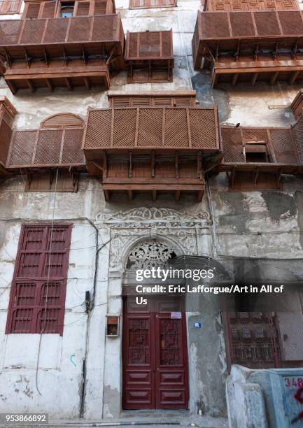 Houses with wooden mashrabia and rowshan in the old quarter, Hijaz Tihamah region, Jeddah, Saudi Arabia on January 28, 2010 in Jeddah, Saudi Arabia.
