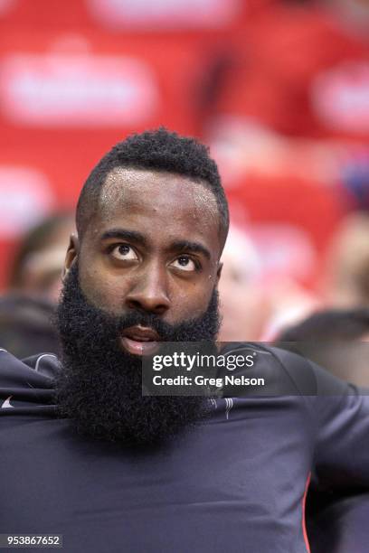 Closeup of Houston Rockets James Harden before game vs Minnesota Timberwolves at Toyota Center. Game 2. Houston, TX 4/18/2018 CREDIT: Greg Nelson