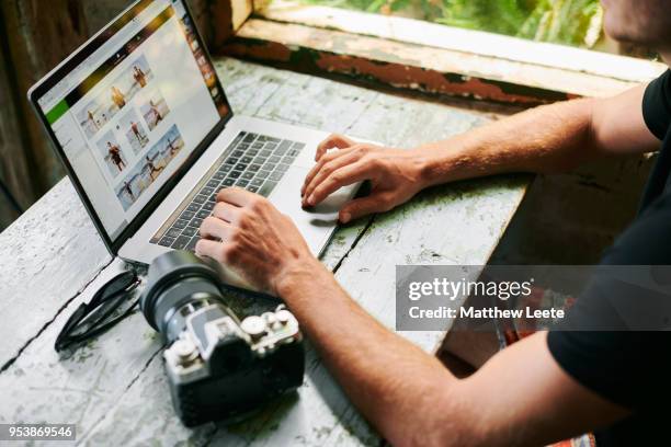 male on laptop in beach hut - editor stockfoto's en -beelden