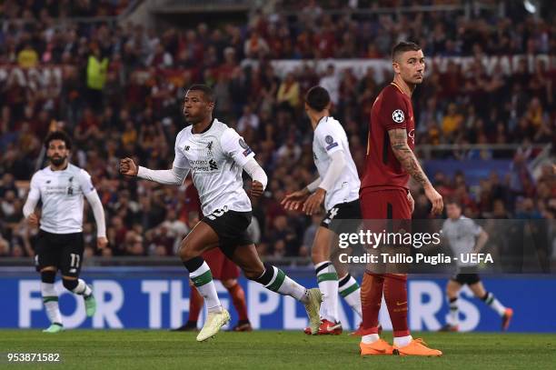 Georginio Wijnaldum of Liverpool celebrates after scoring his team's second goal during the UEFA Champions League Semi Final Second Leg match between...