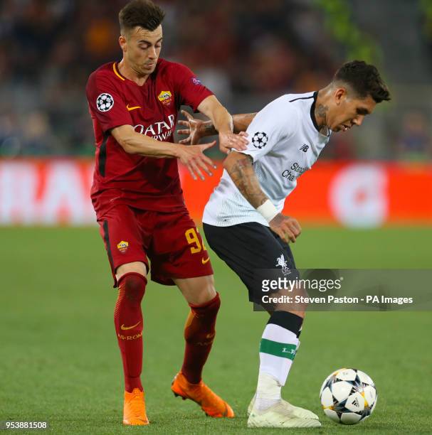 Roma's Stephan El Shaarawy and Liverpool's Roberto Firmino battle for the ball during the UEFA Champions League, Semi Final, Second Leg at the Stadio...