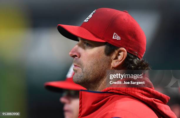 Manager Mike Matheny of the St. Louis Cardinals looks on during the game against the Pittsburgh Pirates at PNC Park on April 28, 2018 in Pittsburgh,...