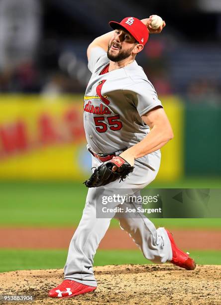 Dominic Leone of the St. Louis Cardinals pitches during the game against the Pittsburgh Pirates at PNC Park on April 28, 2018 in Pittsburgh,...