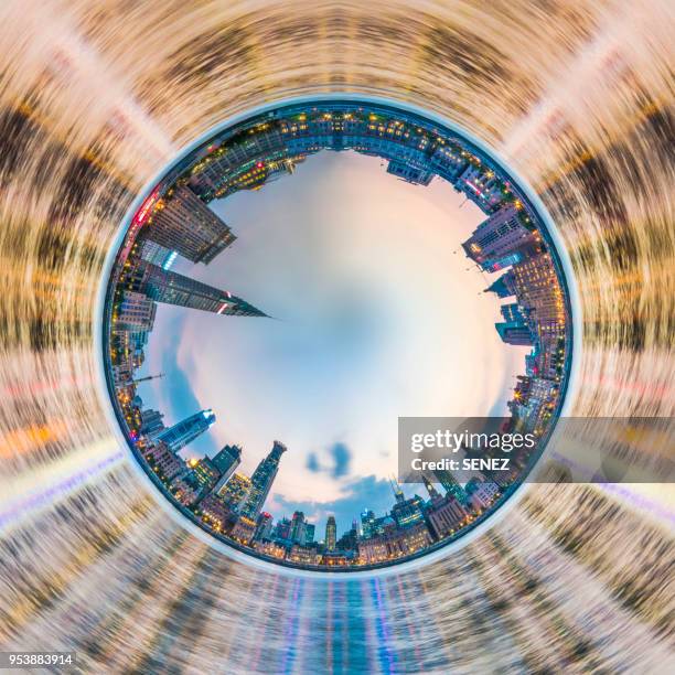 spinning little planet, cross section view of cityscape shanghai bund - little planet effect stock pictures, royalty-free photos & images