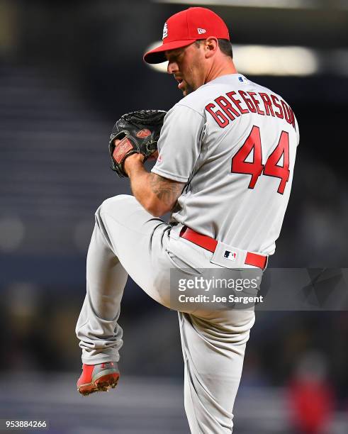 Luke Gregerson of the St. Louis Cardinals pitches during the game against the Pittsburgh Pirates at PNC Park on April 28, 2018 in Pittsburgh,...