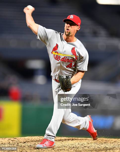 Luke Gregerson of the St. Louis Cardinals pitches during the game against the Pittsburgh Pirates at PNC Park on April 28, 2018 in Pittsburgh,...