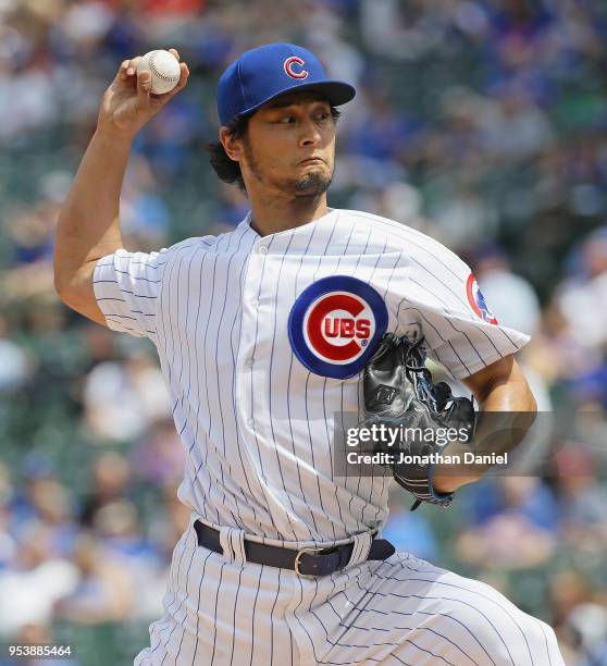 Starting pitcher Yu Darvish of the Chicago Cubs delivers the ball against the Colorado Rockies at Wrigley Field on May 2, 2018 in Chicago, Illinois.