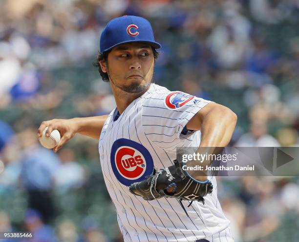 Starting pitcher Yu Darvish of the Chicago Cubs delivers the ball against the Colorado Rockies at Wrigley Field on May 2, 2018 in Chicago, Illinois.