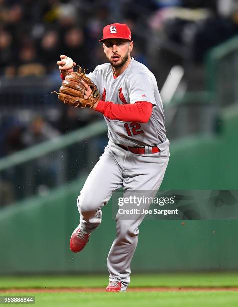 Paul DeJong of the St. Louis Cardinals in action during the game against the Pittsburgh Pirates at PNC Park on April 28, 2018 in Pittsburgh,...