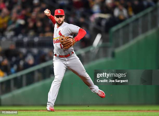 Paul DeJong of the St. Louis Cardinals in action during the game against the Pittsburgh Pirates at PNC Park on April 28, 2018 in Pittsburgh,...