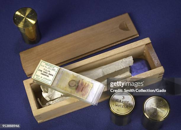 Glass microscope slide specimens used by Dr Joseph W. Mountin in medical school, 2004. Image courtesy Centers for Disease Control / Global Health...