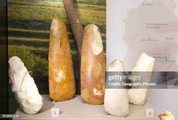 Close up of Neolithic axes in display case. With permission of Wiltshire Museum, Devizes, England, UK.