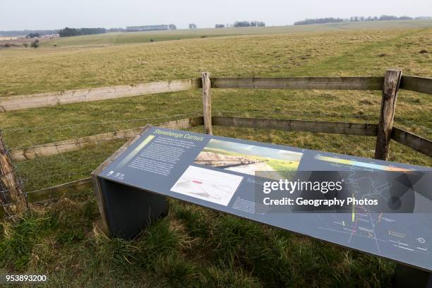 Information panel about the 5,500 years old Stonehenge Cursus, Wiltshire, England, UK cursus in extreme top left corner.