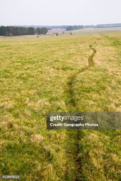 Field view of faint embankment lines 5,500 years old Stonehenge Cursus, Wiltshire, England, UK.