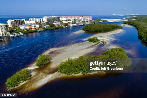 Florida, Bonita Springs, Big Hickory Pass, Estero Bay Aquatic Preserve, aerial view above residences, Little Hickory Island.