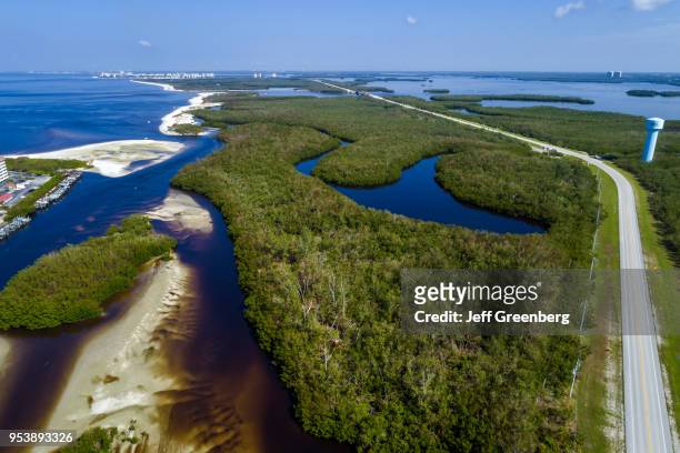 Florida, Bonita Springs, Big Hickory Pass, Estero Bay Aquatic Preserve, aerial view above, Estero Boulevard, Bay Island.