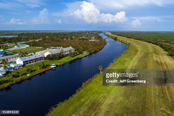 Florida, Lakeport, canal, Lake Okeechobee levee Herbert Hoover dike, aerial view.
