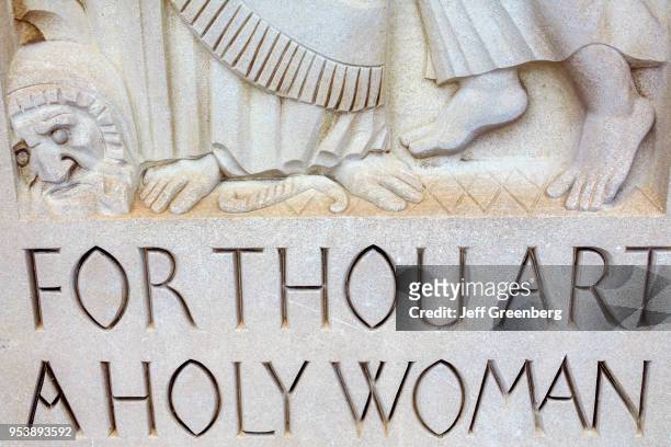 Washington DC, Basilica of the National Shrine of the Immaculate Conception, Virgin Mary statue inscription.