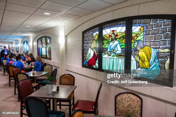 Basilica of the National Shrine of the Immaculate Conception, restaurant with stain glass window, Washington DC.