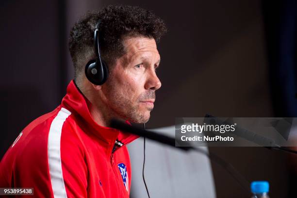 Atletico de Madrid coach Diego Simeone during press conference day before Europa League Semi Finals First Leg at Wanda Metropolitano in Madrid,...