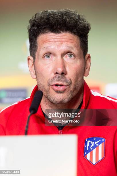 Atletico de Madrid coach Diego Simeone during press conference day before Europa League Semi Finals First Leg at Wanda Metropolitano in Madrid,...