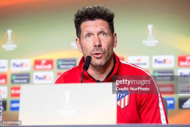 Atletico de Madrid coach Diego Simeone during press conference day before Europa League Semi Finals First Leg at Wanda Metropolitano in Madrid,...