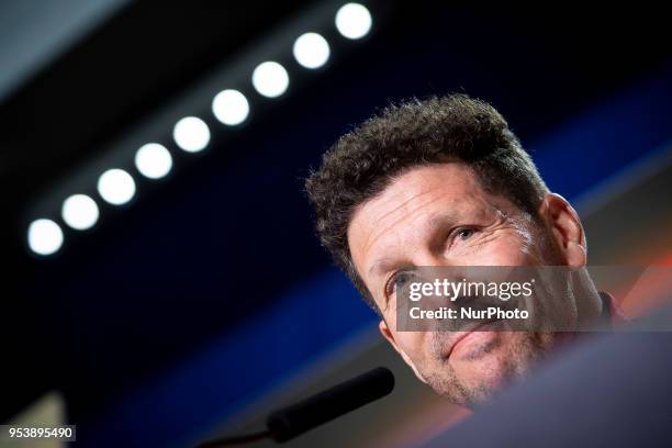 Atletico de Madrid coach Diego Simeone during press conference day before Europa League Semi Finals First Leg at Wanda Metropolitano in Madrid,...