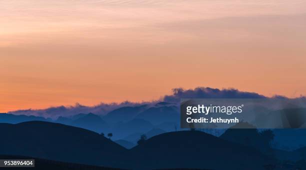 sunrise in mist in moc chau, vietnam - son la province stock pictures, royalty-free photos & images