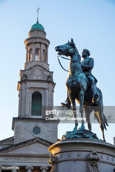 Washington DC, Thomas Circle, George Henry Thomas, Union Army, equestrian statue and skyline at dusk