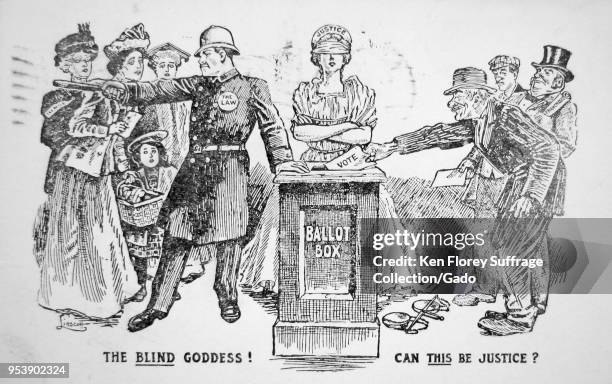 Black and white card, depicting disreputable men voting while a law officer keeps women away from a ballot box that is supervised by a blindfolded,...