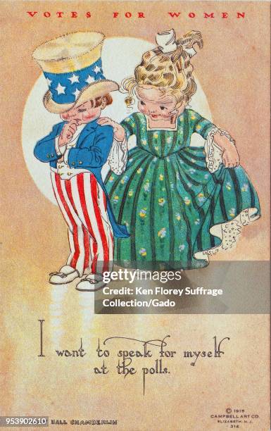 Color postcard, depicting a little girl telling a little boy dressed in the guise of Uncle Sam "I want to speak for myself at the polls, "...