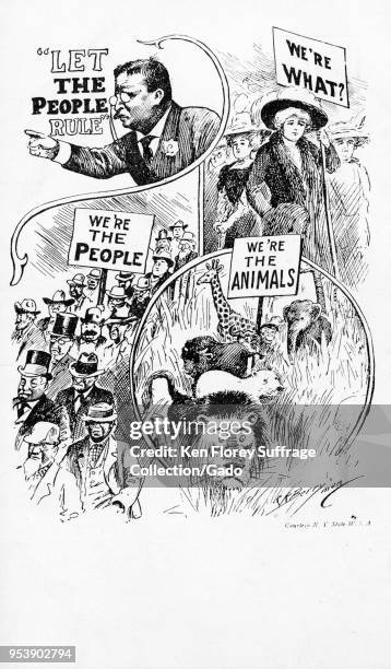 Black and white card, depicting Theodore Roosevelt saying "Let the people rule, " a group of men holding a sign reading "We're the people, " a group...