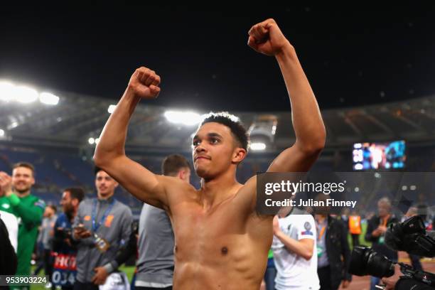 Trent Alexander-Arnold of Liverpool celebrates after the full time whistle as Liverpool qualify for the Champions League Final during the UEFA...