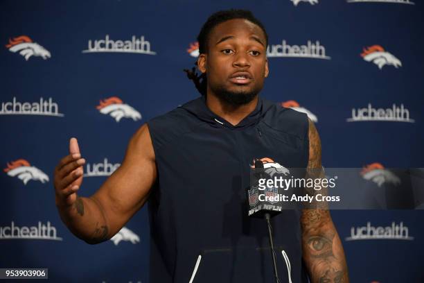 Denver Broncos cornerback Bradley Roby talks about the upcoming season during a press conference at Dove Valley May 02, 2018.