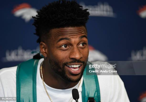 Denver Broncos wide receiver Emmanuel Sanders talks about the upcoming season during a press conference at Dove Valley May 02, 2018.