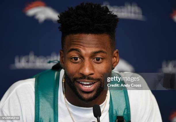 Denver Broncos wide receiver Emmanuel Sanders talks about the upcoming season during a press conference at Dove Valley May 02, 2018.