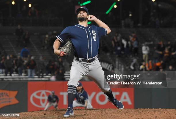 Brad Hand of the San Diego Padres pitches against the San Francisco Giants in the bottom of the ninth inning at AT&T Park on April 30, 2018 in San...