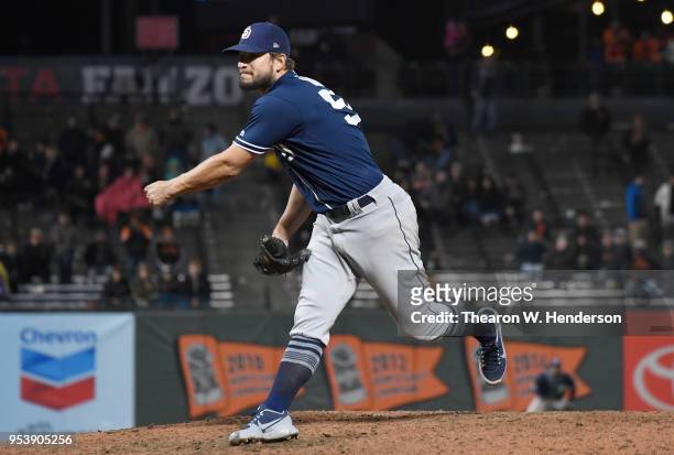 Brad Hand of the San Diego Padres pitches against the San Francisco Giants in the bottom of the ninth inning at AT&T Park on April 30, 2018 in San...