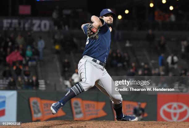 Brad Hand of the San Diego Padres pitches against the San Francisco Giants in the bottom of the ninth inning at AT&T Park on April 30, 2018 in San...