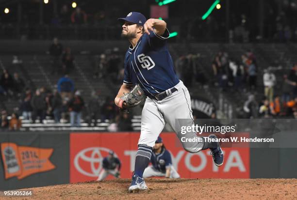 Brad Hand of the San Diego Padres pitches against the San Francisco Giants in the bottom of the ninth inning at AT&T Park on April 30, 2018 in San...