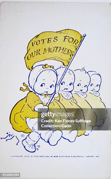 Color postcard, depicting a row of Kewpie dolls wearing yellow, one holding a yellow "Votes For Our Mothers" pennant, illustrated by Rose O'neill,...