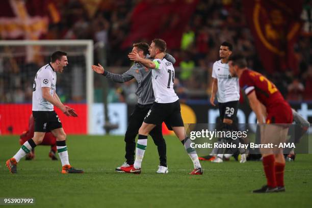 Andrew Robertson of Liverpool, Adam Lallana of Liverpool and Jordan Henderson of Liverpool celebrate at full time during the UEFA Champions League...