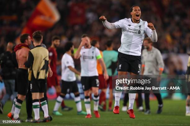 Virgil van Dijk of Liverpool celebrates at full time during the UEFA Champions League Semi Final Second Leg match between A.S. Roma and Liverpool at...