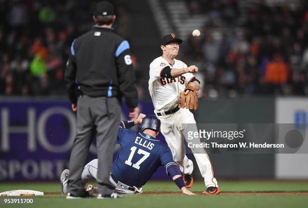 Kelby Tomlinson of the San Francisco Giants gets his throw off to first base over the top of A.J. Ellis of the San Diego Padres in the top of the...